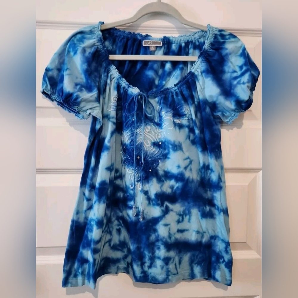 JM Collection Blue Tie-Dye Blouse (S)